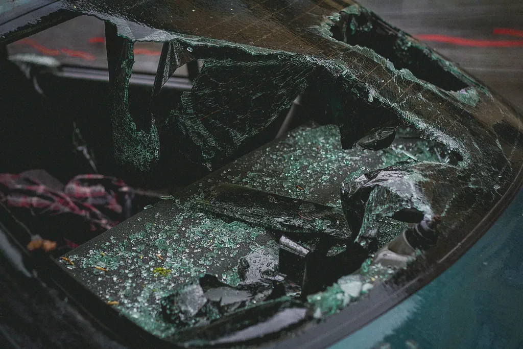 Damaged car with a broken windshield after a crash