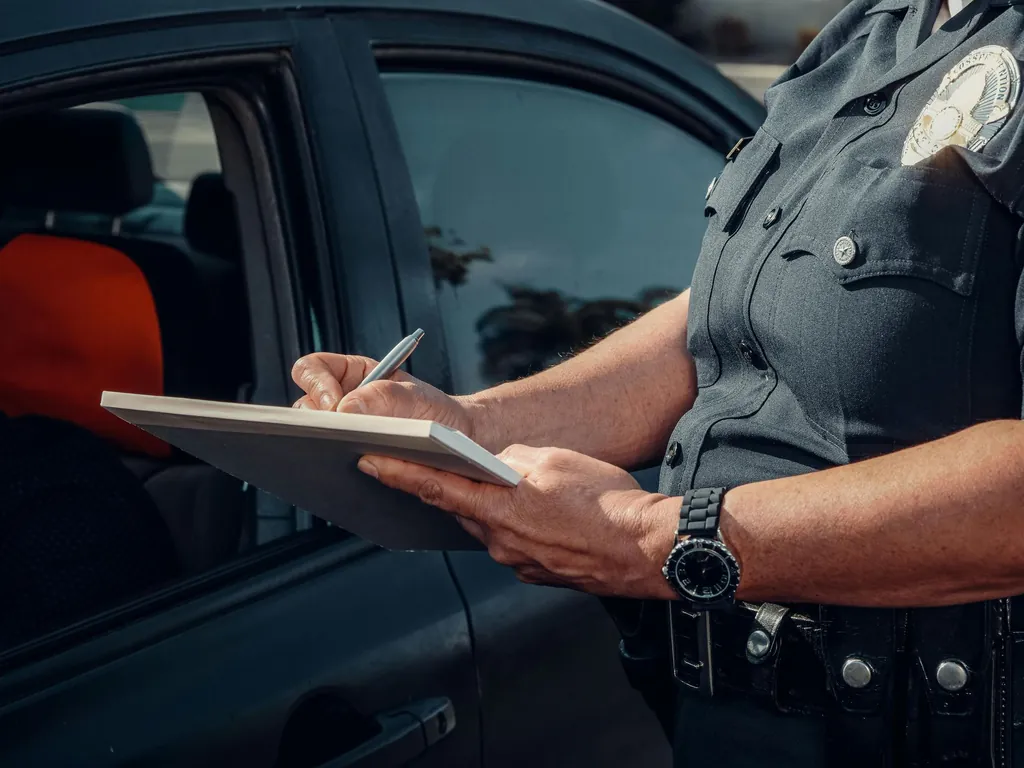 Police officer writing a ticket at a traffic stop